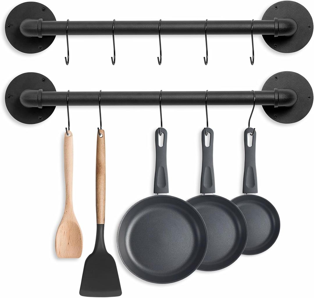 Pot Pan Rack Wall Mounted Set of 2, 21" Industrial Pipe Utensils Hanger Holder Pots Storage Organizer Iron Detachable Hanging Rail for Kitchen with 10 S Hooks