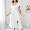 SCOMCHIC Women Plus Size Dresses Short Sleeve Sweetheart Neckline Wedding Guest Cocktail Smocked A Line Slit Maxi Dress White, 24W