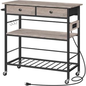 HOOBRO Kitchen Island with Storage, Rolling Island Cart for Kitchen with 2 Drawers & Outlet, 3 Tier Coffee Station and Microwave Stand, Kitchen Island Table for Home, Greige BG08UZD01, 18.9"L x 35.4"W x 37.8"H