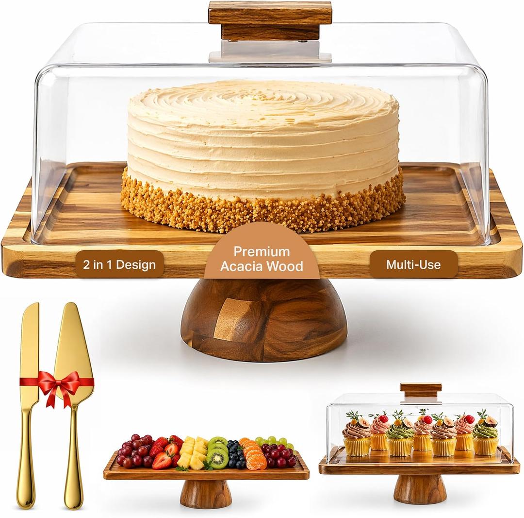 HOORIA Acacia Wood Cake Stand with Acrylic Cover, Rectangular Cake Stand with Lid, Wooden Dessert Serving Tray with Dome, Includes Cake Knife & Server for Cakes, Pastries, Fruit, Parties & Event