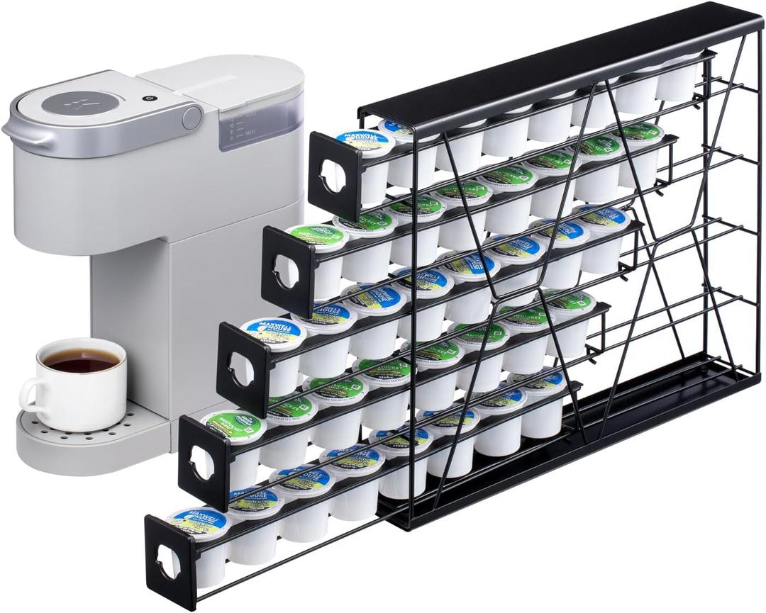 FlagShip 5-Tier Corner Coffee Pod Organizer for K Cup - 40 Capsules Metal Storage, Space-Saving Kitchen Countertop Rack Wall Mountable, Black