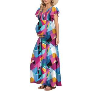 Floral Print V Neck Maternity Dress Boho Baby Shower Photoshoot Smocked Flutter Sleeve Split A Line Dress (XL)