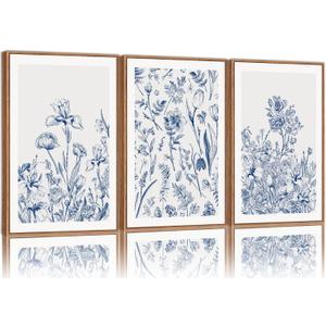 SIGNINART Classic Chinoiserie Framed Canvas Wall Art Set, Blue and White Floral Art Painting, Minimalist Botanical Flower Artwork, Navy Blue Wall Decor for Bedroom, Living Room, Office 24"x36"x3