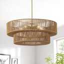 BOSHANGMEI 15'' Natural Rattan Chandelier Pendant Light-Farmhouse Boho Rattan Pendant Lights with Included E27 Bulb, 120V Wicker Pendant Lights for Dining Room Kitchen Island Bedroom Living Room
