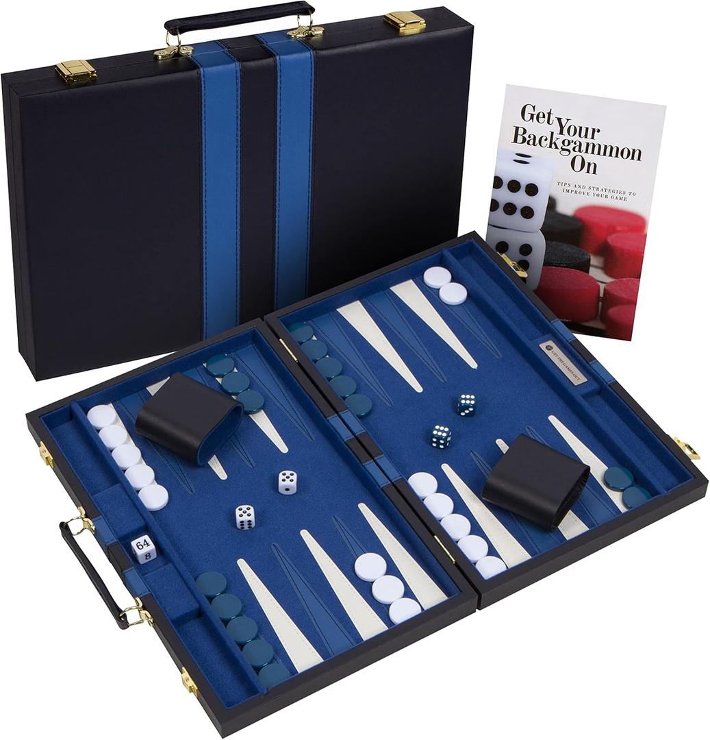 Get The Games Out Top Backgammon Set - Classic Board Game Case - Best Strategy & Tip Guide (Blue, Large)