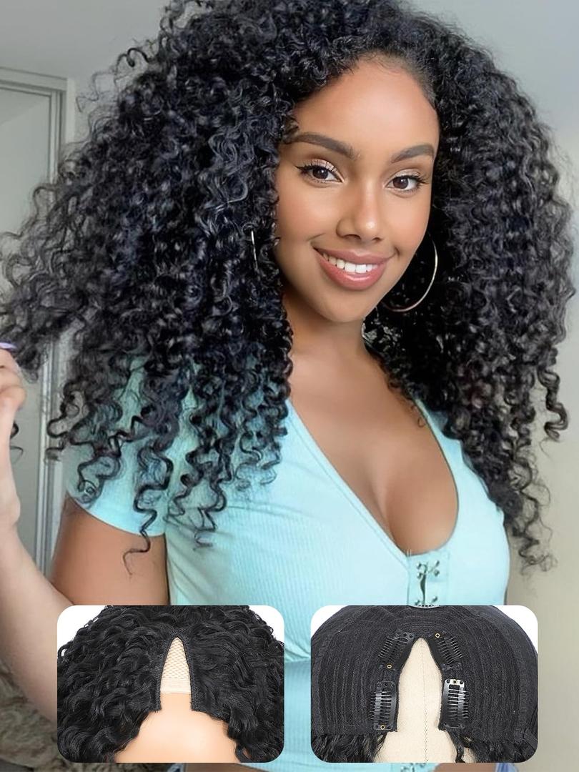 HUA V Part Curly Wig Human Hair 12 Inch Kinky Curly V Part Wig Human Hair Mixed Synthetic 180% Density Upgrade U Part Human Hair Wigs for Black Women Bob Wigs Shoulder Length Natural Black Color
