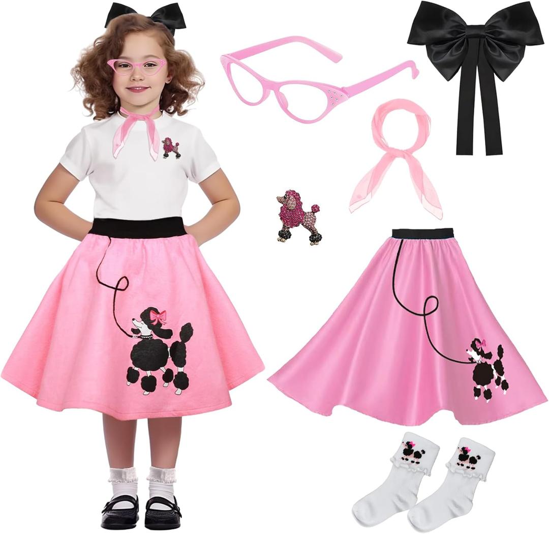 50s Girls Poodle Skirt Kids Sock Hop Outfit, Decades Day Costume - Grease Accessories Bobby Socks, Scarf & Glasses (Pink, 4-6 Yrs)