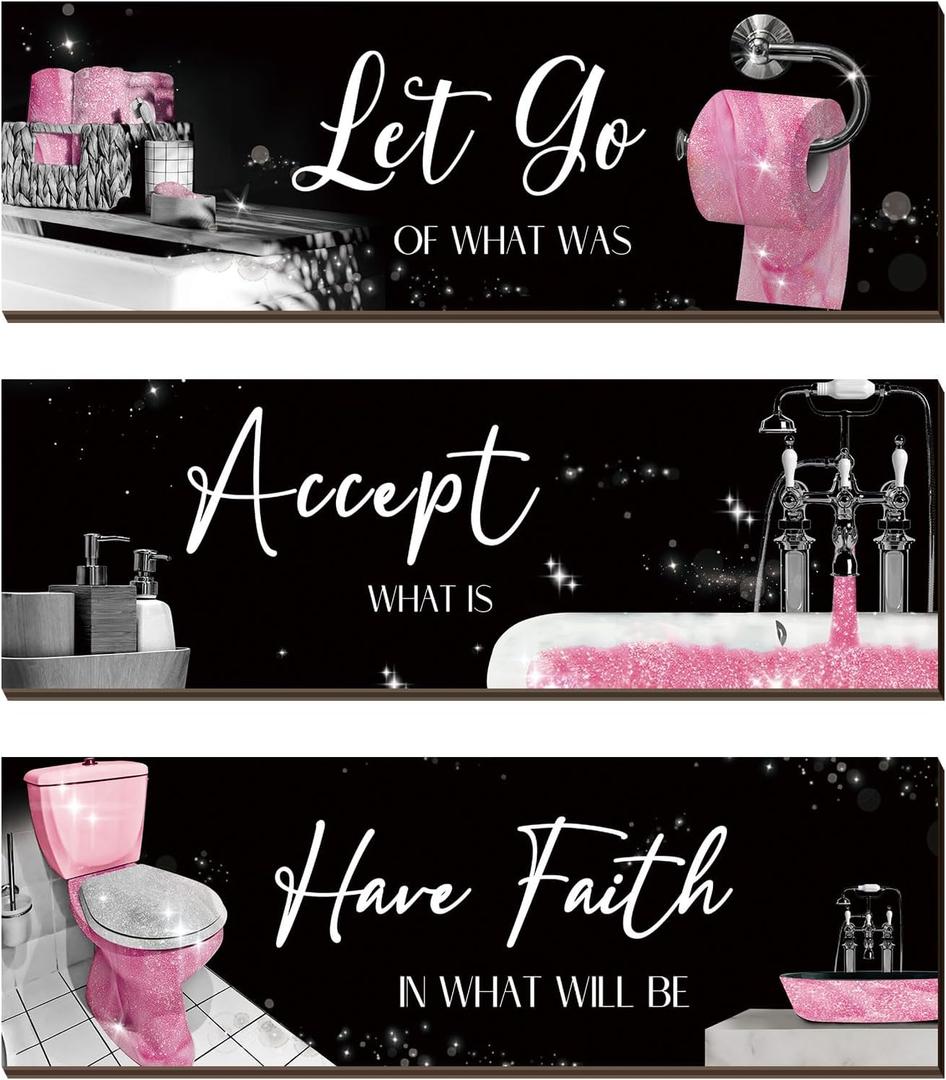 Honoson 3 Pcs Pink Bathroom Decor Wall Art Bathroom Pictures Decor Accept Let Go Have Faith Wood Wall Hanging Sign for Home Spa Laundry 11. 8 x 3. 9 x 0. 2 Inches
