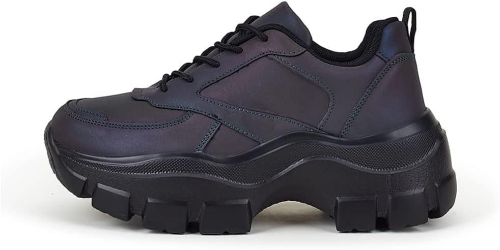 Niluber Women's Chunky Platform Sneakers Hologram Black White Silver Lace-Up Casual Fashion Walking Sport Rave Shoes (8, Charcoal)