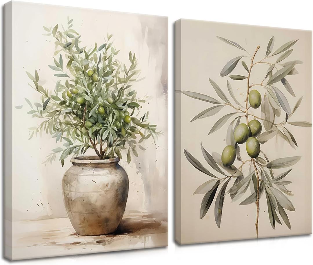 2Pcs Framed Botanical Wall Art Green Olive Branches Poster Print Neutral Farmhous Plant Picture Canvas Painting Wall decor for Living Room Kitchen or Dining Room Decor 12x16IN