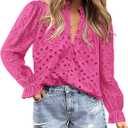 PRETTYGARDEN Women's Dressy Casual Blouse Tops Fall Spring Puff Long Sleeve Button V Neck Hollow Out Lace Embroidered Shirts (Pink)