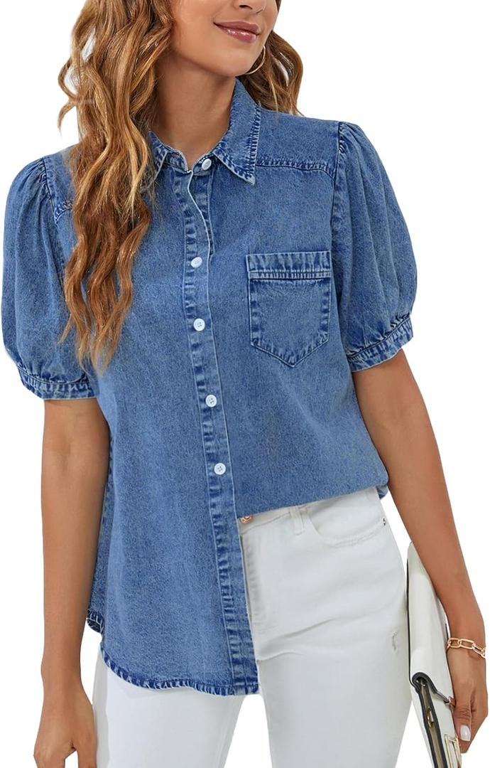 BMJL Womens Denim Shirt Business Casual Button Down Work Blouses Puff Sleeve Summer Tops S
