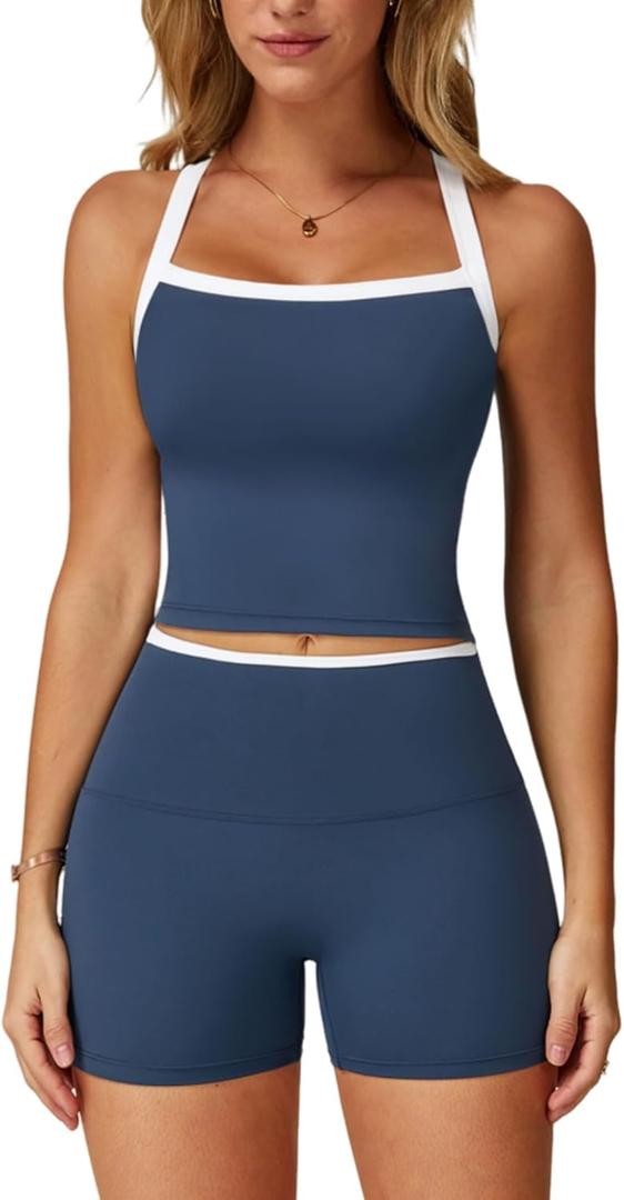 QBGJTD Two Piece Workout Sets For Women Tank Top Matching High Waist Booty Lifting Shorts Gym Yoga Active Wear Outfits (Blue, M)