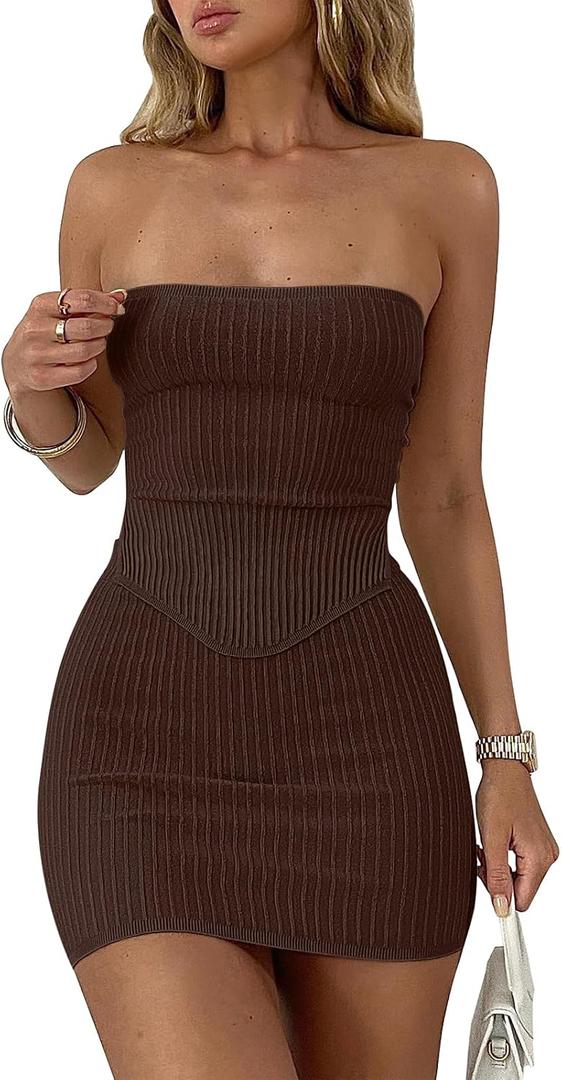 ANRABESS Women 2 Piece Skirt Sets Summer Strapless Crop Top Matching Bodycon Sexy Going Out Mini Club Dress Outfit Clothes (Medium, Coffee)