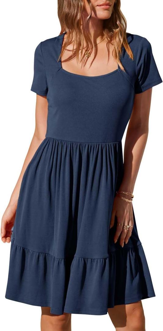 Newshows Women 2025 Summer Dress Square Neck Formal Short Sleeve Business Casual Outfits Ruffle Spring Pockets Sundress (Large, Navy Blue)