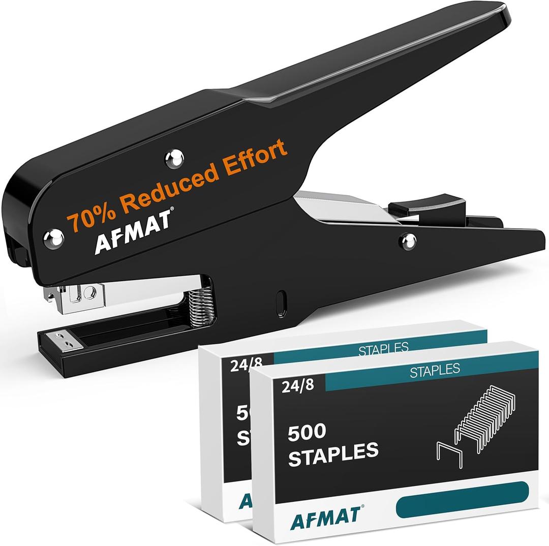 AFMAT Effortless Plier Stapler, Metal 30 Sheet Stapling Plier, 15000+ Stapling Times, with Staples & Reload Button, Handheld Stapler Heavy Duty, Space Save Size, Good for Office, Home, School, Black