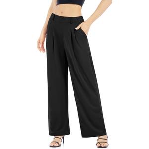 Womens Waffle Wide Leg High Waisted Palazzo Pants Casual Work Beach Lounge Trousers with Pockets (Small, Black)