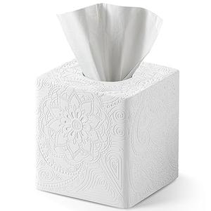 Square Tissue Box Cover Decorative,Napkin Dispenser,Facial Paper Holder for Bathroom Vanity Countertop,Bedroom Dresser,Night Stand, Desk, Office and End Table,Boho Flowers White