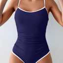 Eomenie Women's One Piece Swimsuit Tummy Control Slimming Bathing Suit Color Block Spaghetti Strap 1 Piece Swim Suit Swimwear (Blue, M)