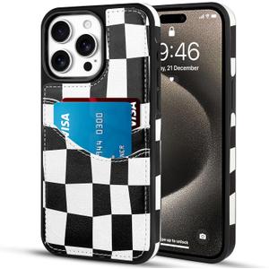 SOKAD Checkered Wallet Case for iPhone 15 Pro Max with Card Holder, Cute Checkerboard Design for Women Girls, Slim Soft Leather 2 Card Slots Protective Shockproof Phone Case, Black White