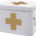 Flexzion First Aid Medicine Box Supplies Kit Organizer - Empty 8" White Metal Tin Medic Storage Bin Hard Case with Removable Tray Black Cross, Vintage Antique Boxes for Home Family Emergency Tool Set