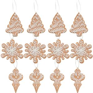 AuldHome Design Gingerbread Cookie Christmas Ornaments (Set of 12); Large Tree, Snowflake and Finial Shaped Holiday Cookie Decorations, 4-5 Inch Size