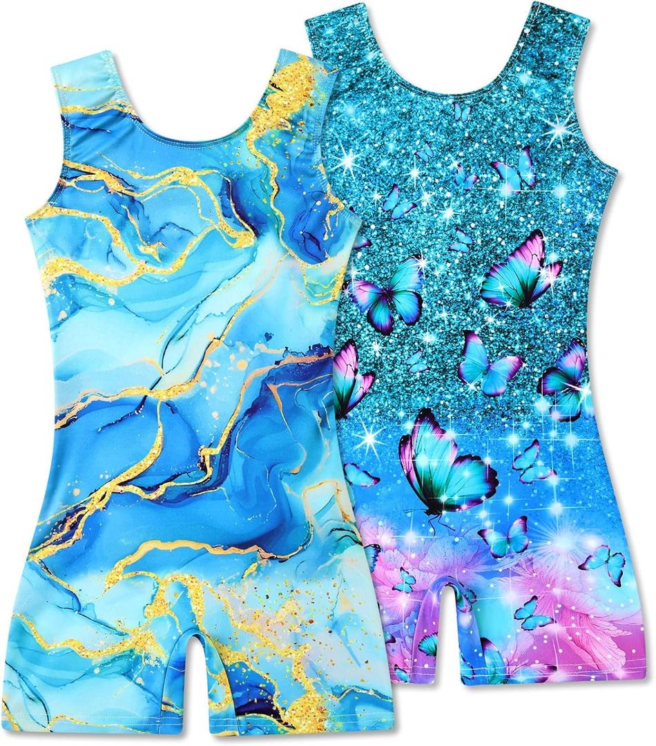 2 Packs Gymnastics Leotards for Girls Mermaid Leopard Dance Leotard Kids Biketard with Shorts (4-5T, 1 a Blue Marble&butterfly)