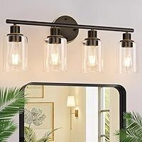 Unicozin 4 Light Vanity Lights, Bathroom Light Fixtures Over Mirror, Black Wall Sconce Light with Clear Glass, Wall Light for Living Room, Bedroom, Hallway, E26 Base