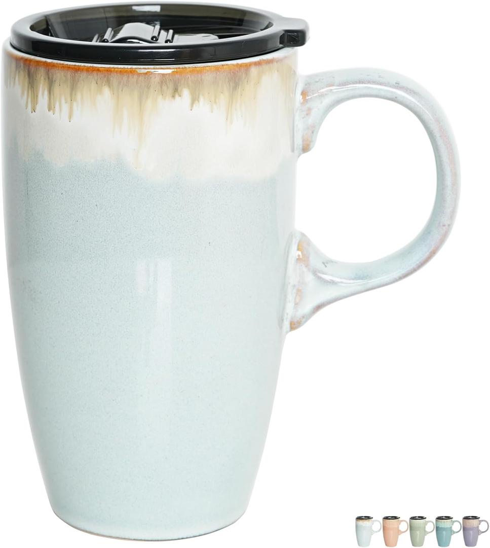 Bosmarlin Ceramic Travel Coffeel Mug with Handle and Lid, 18 oz, Portable Coffee Cup for Car Cup Holder, Microwave and Dishwasher Safe, Reactive Glaze (Light Grey Blue)