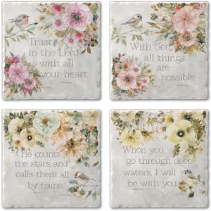 Thirstystone Floral Scripture 4 Pack Tumbled Tile Stone Coaster with Protective Cork Backing Manufactured in The USA