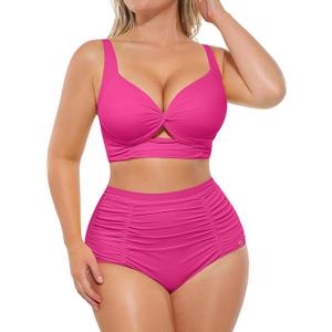 SHAPELLX High Waisted Bikini Tummy Control Two Piece Swimsuits for Women Ruched Bathing Suit Twist Front Bikini Sets (XX-Large, A4-hot Pink)