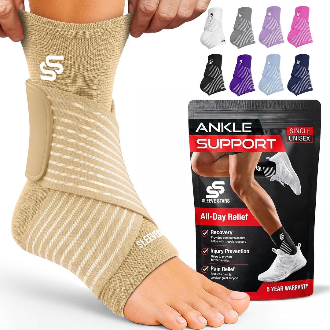 Sleeve Stars Ankle Brace for Women & Men, Ankle Wrap for Sprained Ankle, Compression Sleeve for Plantar Fasciitis Relief, Easy Customizable Support: w/Removable Strap (Single/M:10"-12"/Beige)