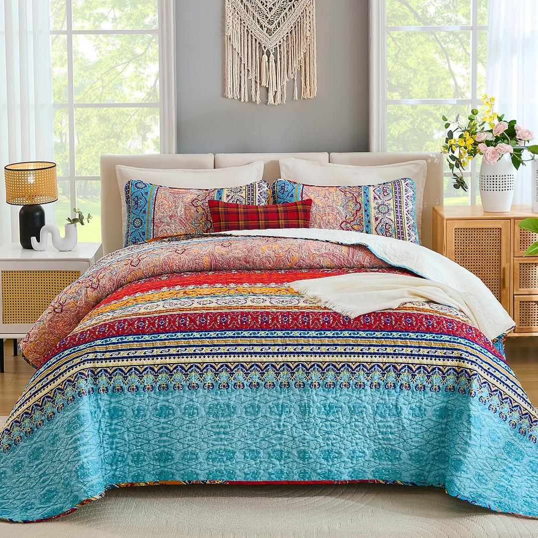 WONGS BEDDING Bohemian Quilt Set King Size, Boho Striped Printed Bedding Bedspread Coverlet Set for All Season, Lightweight Microfiber Quilts with 2 Pillowcases 104"x90" (3 Pieces, Colorful) (Beige)