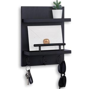 Key Holder Wall Mount, Mail Shelf Decor with 3 Key Hooks, Versatile Wood Wall Organizer for Entryway Hallway (8.2 x 10.6x 3.6) (Black)