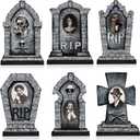 6 Pcs Halloween Graveyard Tombstones Centerpieces with 6 Pcs Scary 3D Changing Face Moving Picture Frame, Rip Gravestone Wooden Table Decoration Halloween Party Home Accessories(Dread)