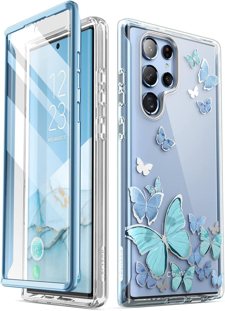 i-Blason Samsung Galaxy S22 Ultra 5G Case (2022) Case with Built in Screen Protector, Cosmo Series Glitter Pattern Slim Full Body Protection 360 Shockproof Blue Butterfly