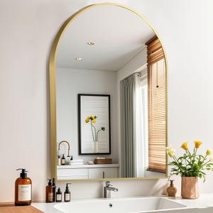 FARMER 24x36 Inch Arch Bathroom Mirror, Arched Gold Mirrors for Wall with Metal Frame, Gold Vanity Mirror, Wall Mounted Top Rounded Mirrors for Bathroom, Bedrooms, Entryways, Living Rooms