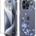GVIEWIN for iPhone 15 Pro Max Case, [3 in 1] with Screen Protector & Camera Lens Protector, Clear Hard Shockproof Slim Fit Floral Phone Cover for Women Girls 2023 6.7"(Butterfly/Blue) (for iPhone 15 Pro Max (6.7 inch))