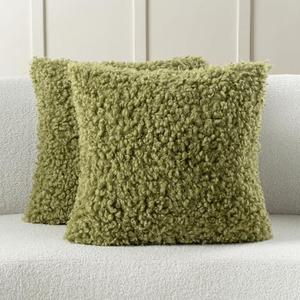 FUTEI Pack of 2 Decorative Throw Pillow Covers 18x18 Inch,Soft Fluffy Faux Wool Fur Boucle Textured Cushion Case,Modern Home Decor for Couch Bed Living Room Office,Olive Green