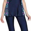 Ababalaya Womens' Color Block Moderate Cover 2 Piece Swimsuit Burkini (3X-Large, Navy Blue-1)