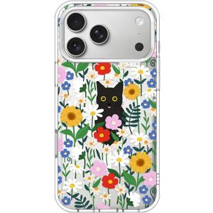 MOSNOVO for iPhone 17 Pro Max Case | Compatible with Magsafe | Military Grade 6.6ft Drop Tested | Camera Control | Clear with Black Cat in Garden Design