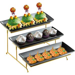 LYEOBOH 3 Tier Serving Tray Set, Tiered Serving Stand with Platters, Serving Dishes for Entertaining Halloween Christmas Party, Collapsible Sturdier Stand & 14 Inch Large Platters for Food Display (Black)