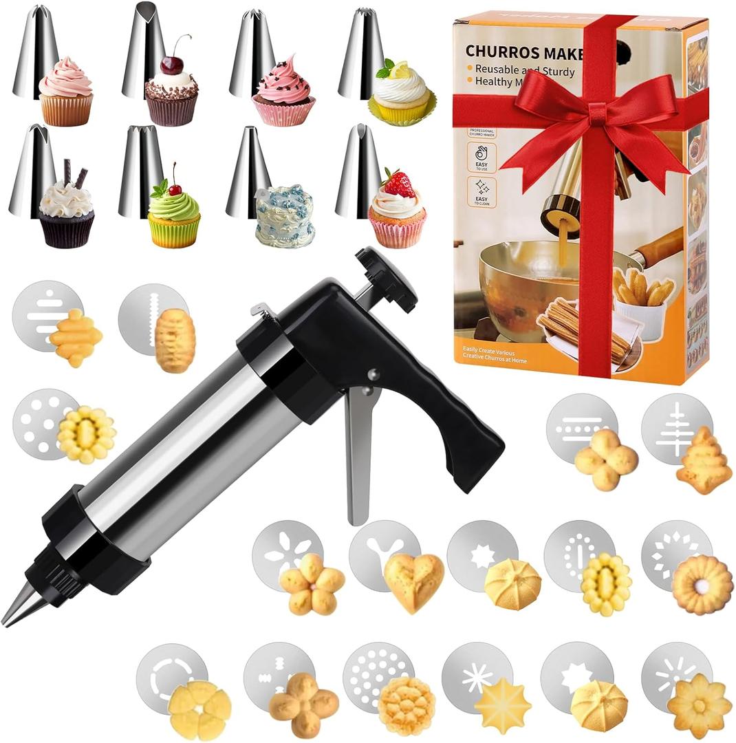 Cookie Press Gun Decorating Kit, 3-in-1Premium Baking Tool Set for Cookie Press and Cake Decorating with 16 Discs, 8 Icing Tips, and Cleaning Brush, DIY Christmas Baking Gift for Women