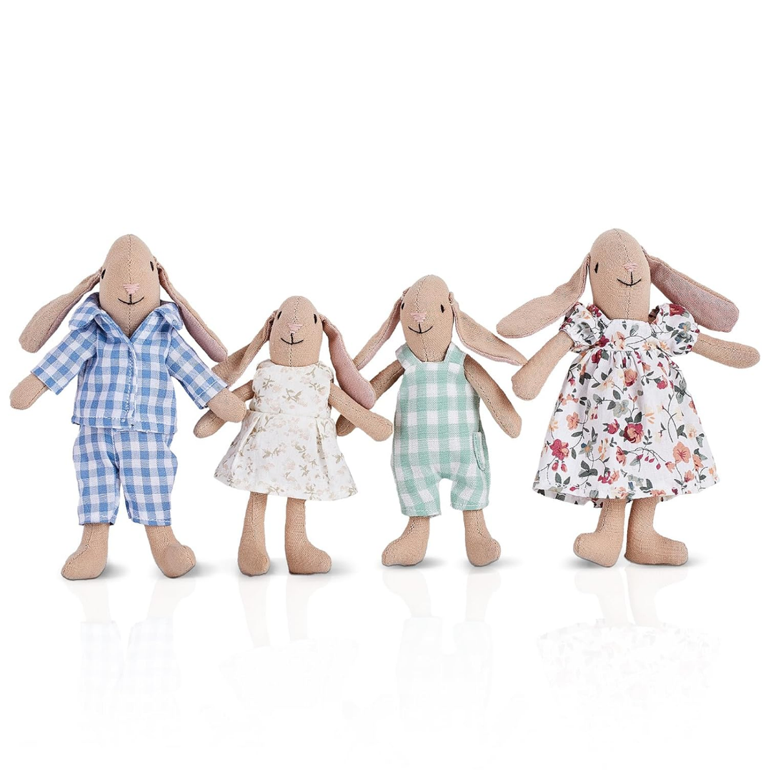 Giant bean Bunny Toys for Kids, Easter Bunny, 4 PCS Hand Made Rabbit Family Dolls with Removable Clothes, Suitable for Infants, Boys and Girls, Dollhouse People, Easter Basket Essentials