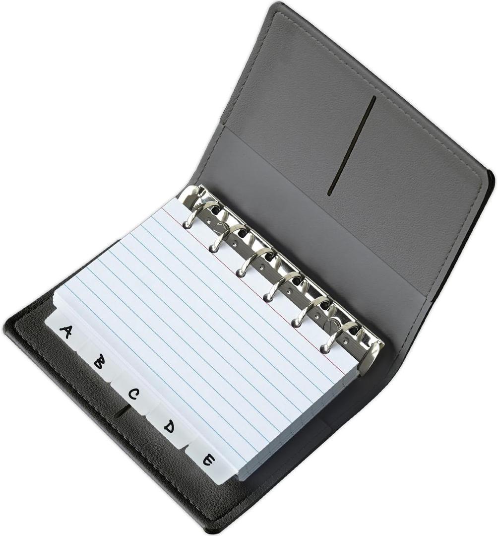 3x5 Lined Index Cards with Ring Binder Holder and Dividers, 100 Note Cards, Black