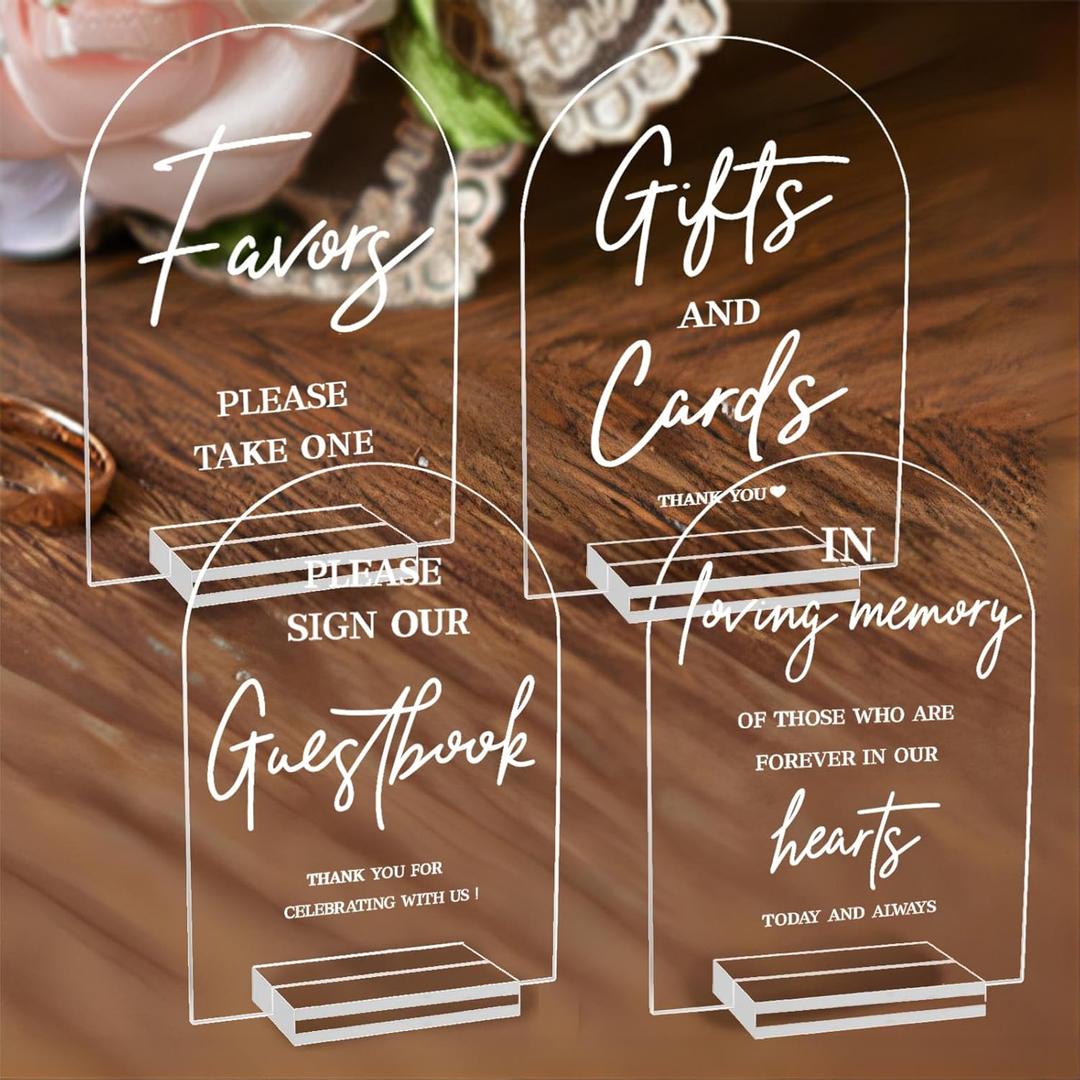 4pcs Clear Acrylic Wedding Signs for Ceremony and Reception, 5x7 Inch Modern Wedding Signage, Guest Book Sign, Cards and Gifts Sign, Favors Please Take One Sign, In Loving Memory Sign, Wedding Reception Decor
