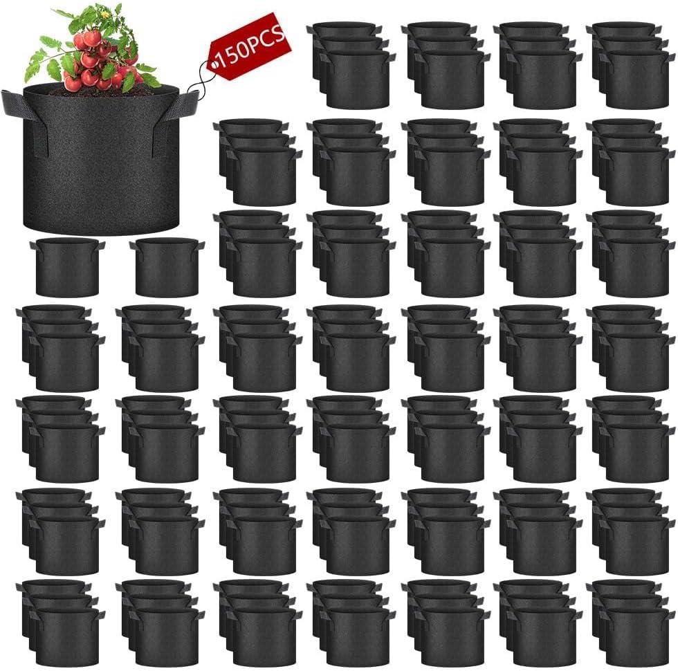 150 Pack 5 Gallon Grow Bags Bulk,Thickened Nonwoven Plant Fabric Pots with Handles,Heavy Duty Breathable Plant Growing Containers Bags for Garden Fruit Vegetable Flower