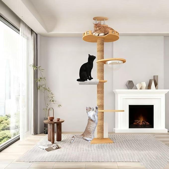 Sturdy Floor-to-Ceiling Cat Tree | Solid Real Wood 55-122'' Height Adjustable Drill-Free Tower | Ideal for Multi-Cat Households & Large Breeds with Extra-Thick 4.3" Solid Wooden Posts