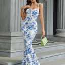 KUTUMAI Women's Summer Floral Bodycon Maxi Dress Spaghetti Strap Long Wedding Guest Baby Shower Dresses (M)