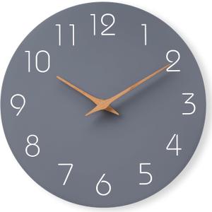 Mosewa Wall Clock Silent Non Ticking Decorative for Kitchen Bedroom Bathroom Office Living Room Battery Operated 10 Inch Gray Wood Modern Simple